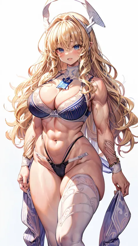 Very detailed、highest quality、Best image quality、masterpiece、8k、Anime Face、A kind smile、(Open your mouth:1.3)、Sparkling blue eyes、(Blonde Wavy Hair:1.5)、(Muscles of the whole body:1.3)、(highleg:2.0)、(Wearing a thong:1.5)、Thigh belt、(Cowboy Shot:1.5)、(SFW G...