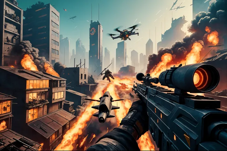 ((Best quality masterpiece)): ((Inked)) artwork showcasing a team of skilled cyborg mercenaries engaged in an intense firefight against rogue AI drones in a sprawling cyberpunk cityscape.