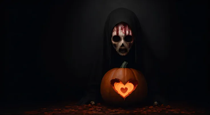 (best quality,4k,highres,masterpiece:1.2),creepy,bloody pumpkin heart,ultra-detailed,digital art,grunge,horror,sorrow,black background