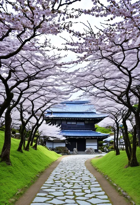 The white and blue buildings of Arafed with lots of cherry blossoms, ancient Japanese architecture, Japan Tourism, aomori japan, himeji rivendell garden of eden, Japanese Temples, The aesthetics of travel in Japan, Japan Travel and Tourism, Japan Deeper Jo...