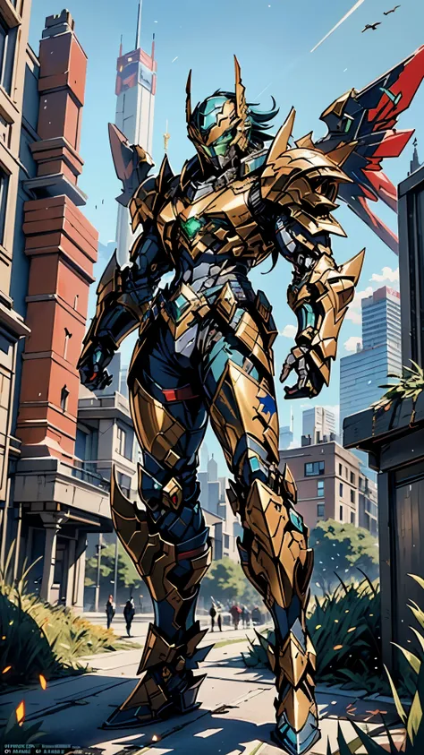 A man wearing a full-face helmet, a fantasy-style biotech armored combat suit, green eyes, (a composite layered chest armor), fully enclosed shoulder guards, matching arm and leg guards, the belt is adorned with Falcon Wing, (the color scheme is primarily ...