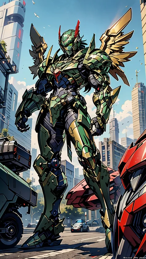 A man wearing a full-face helmet, a fantasy-style biotech armored combat suit, green eyes, (a composite layered chest armor), fully enclosed shoulder guards, matching arm and leg guards, the belt is adorned with Falcon Wing, (the color scheme is primarily ...