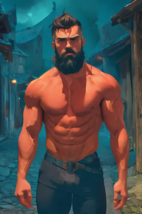 mid_shot, attractive bearded man,, defined muscles, medieval town, orange black blue, (sad), (atmosphere), coherent, continuity, epic, sharp lines, short hair,