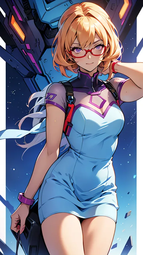 anime,An illustration,purple robot,Mobile Suit,Dom,Light blue check dress,Red glasses,Blonde,Light blue mesh hair,beautiful girl,Sora Sakurano,one person