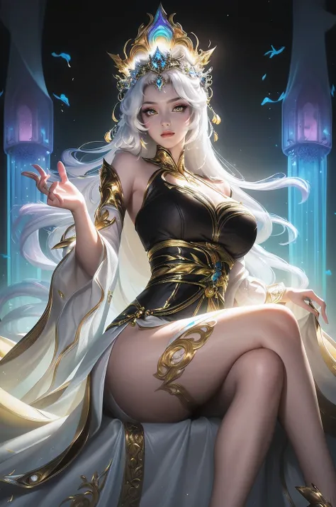 Masterpiece,best quality,illustration,ultra-detailed,hyper details,delicate detailed,intricate details,cinematic light, best quality Backlights,clear line,from below,solo female,perfect body,1girl,solo,white hair,long hairl,glowing yellow eyes,black see-th...