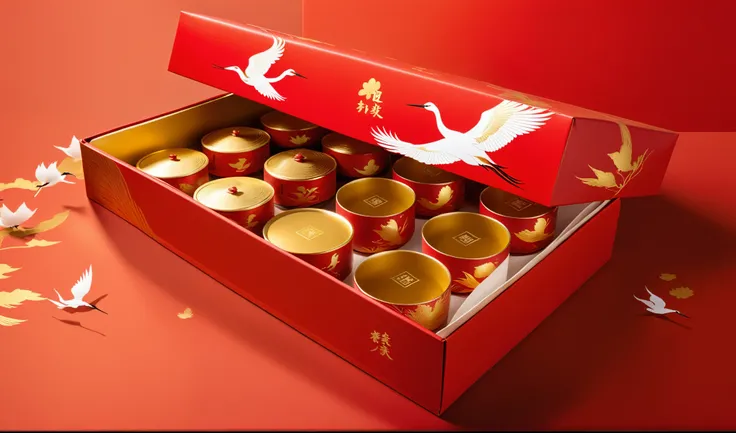 The packaging design of the red tea gift box features two rectangular boxes with gold foil and white paper on them, featuring an illustration in the style of Chinese cranes flying in flight. The background is pure red, creating a festive atmosphere for cel...