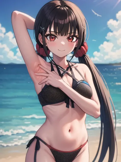 masterpiece, best quality, ultra-high-detailed, Harumaki, red eyes, brown hair, low twintails, red scrunchie, mole under eye, blunt bangs, hairclip,  bikini, beach, closed mouth, solo, upper body, night sky, beach, arms behind head, contrapposto, spread ar...