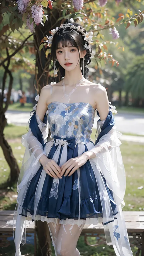 cyb dress, chinese clothes, see-through sleeves, print legwear, ((Bare shoulder)), ((knee shot)), ((Standing walking)), ((Elegant and charming posture)), ((Close shot)), shot of woman with flowers in hair, Portraits inspired by Du Qiong, CG trends, Reality...