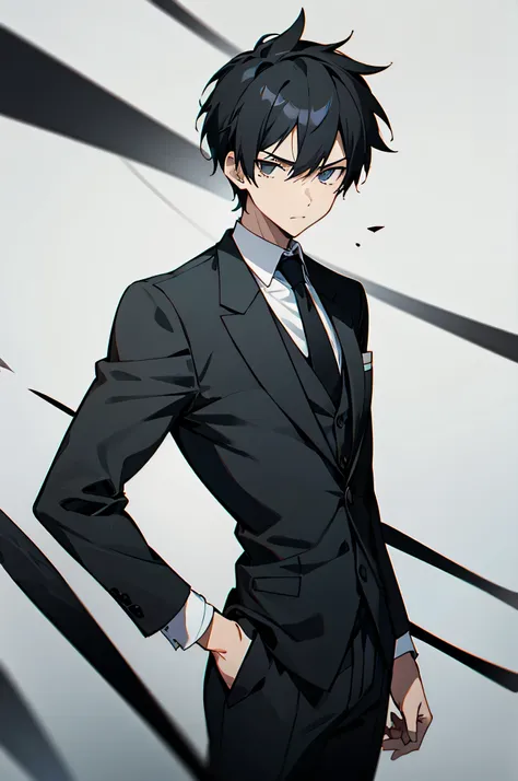 male, young teen, Black suit with tie, black hair