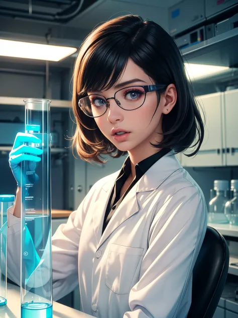 (best quality,ultra-detailed,photo-realistic:1.37),bright and vibrant colors, studio lighting, playful expression, stylish makeup ,( scientist costume) ,black hair ,
, soft natural lighting ,In the lab . ((very small )),weak unhealthy ,(((very thin)))
, , ...