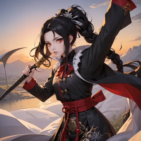 ( masterpiece, top quality), a girl, she has a plump body and is 160cm tall. Her long black hair is flowing with a small braid on her bangs. Her eyes are otter brown in color. She is wearing a demon slayer uniform with a white haori patterned with snowflak...