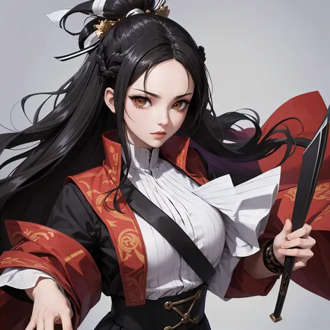 ( masterpiece, top quality), a girl, she has a plump body and is 160cm tall. Her long black hair is flowing with a small braid on her bangs. Her eyes are otter brown in color. She is wearing a demon slayer uniform with a white haori patterned with snowflak...