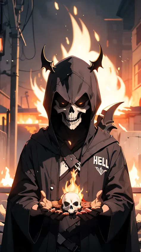 Make A skull grim reaper, hell fire, with A text "keep on FIGHTING TILL the end" 