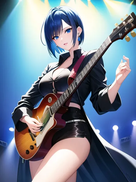 (masterpiece), highest quality, blue eyes, Bright blue hair,(Short Bob Hair)、Expressive eyes, highlight, Dramatic Light, Black Shirt、Earrings、Concert Hall Stage、A woman playing guitar in front of a microphone stand、The spotlight on the protagonist、Black lo...