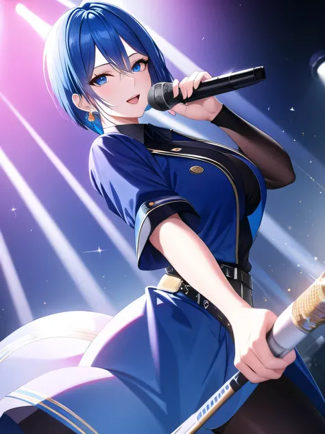 (masterpiece), highest quality, blue eyes, Bright blue hair,(Short Bob Hair)、Expressive eyes, highlight, Dramatic Light, Black Shirt、Earrings、Concert Hall Stage、Singing in front of a microphone stand、The spotlight on the protagonist、White long coat、from si...