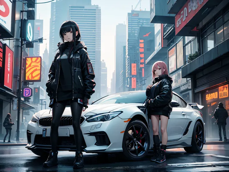 Cyberpunk cars、Girl leaning against car、Rough look、ruins、natta