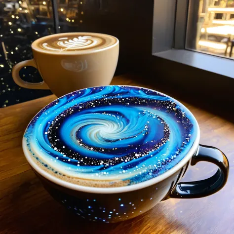 galaxy-themed latte art: visualize a cup of coffee with latte art that looks like a swirling galaxy. the coffee surface is a dar...