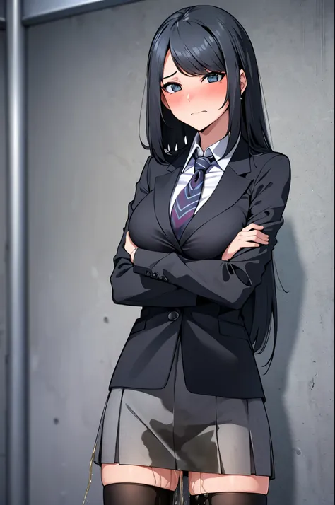 a woman with very long black hair and (very long bangs:1.5), wearing a business suit, lpskirt, long_lpskirt, standing. the artwo...