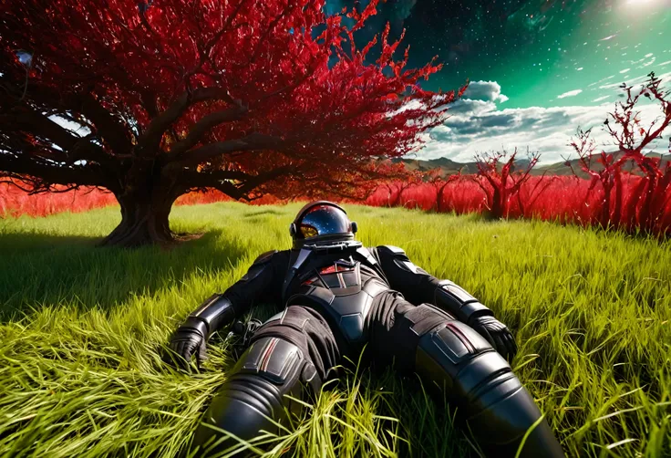 (best quality,4k,8k,highres,masterpiece:1.2),ultra-detailed,realistic:1.37,a wide shot of a man in a black spacesuit lying against a red tree in a red field of grass,a green starship landed in the background, movie frame,penetrating gaze,detailed spacesuit...