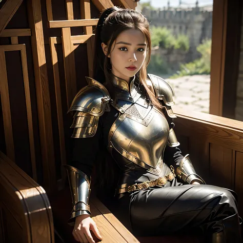 Busty Brunette Warrior, Masterpiece, Best Quality, High Contrast, (Photorealistic: 1.3), Epic, Game of Thrones Inspired, Armored, Medium Breasts, Sitting, Crossed Legs, Detailed Armor Pattern (Honeycomb), Creative Angle (1.4), Sy3, SMM, Fantasy00d Original...