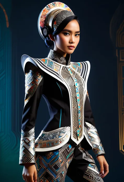 an indonesian-styled futuristic suit worn by a girl depicting cultural fusion and modern fashion. the suit is adorned with intri...