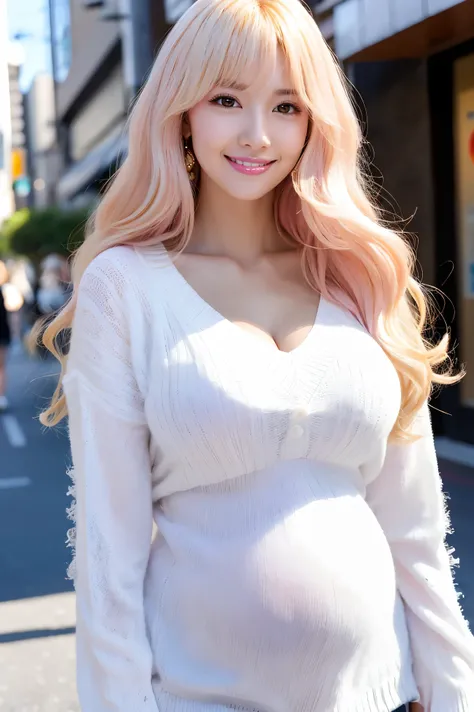 (Tabletop、highest quality、8k、Award-winning works、Ultra-high resolution)、One beautiful woman、(The perfect fluffy white V-neck long sleeve knit:1.3)、(golden and pink hair:1.2)、(Blonde:1.2)、Bright color contacts、Perfect Makeup、Bright and shiny lipstick、(Very ...