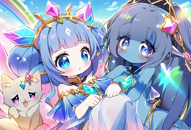 (2 subjects) (Subject 1: Cryptic girl in an action pose descending from the sky) and her companion (subject 2: a blue skinned water nymph, jewel adorned) have rescued a cute rainbow crystal kitty cat