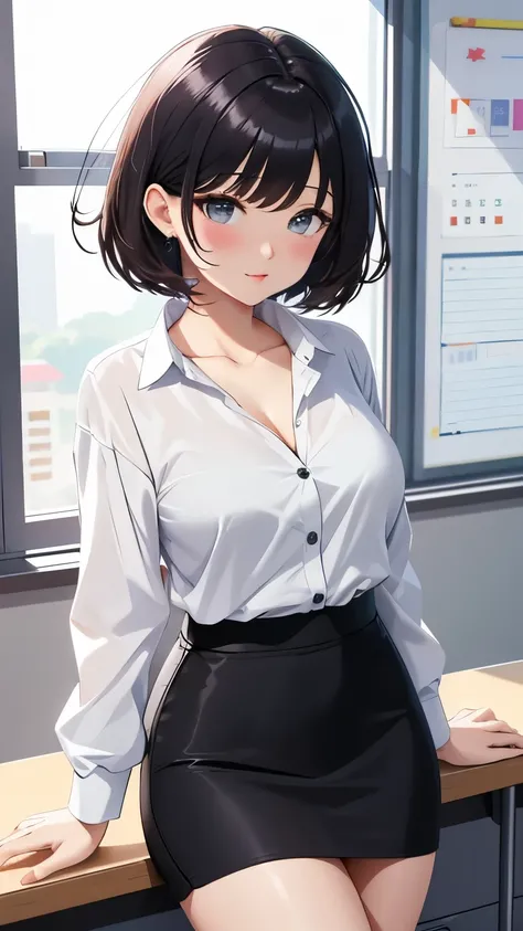 best quality, 1girl, masterpiece ultra detailed, illustration, yang guifei, glossy lips, short hair, school, classroom, white shirt, grey pencil skirt, collarbone