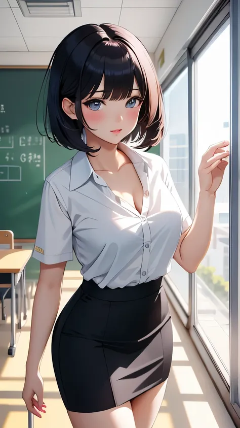 best quality, 1girl, masterpiece ultra detailed, illustration, yang guifei, glossy lips, short hair, school, classroom, white sh...