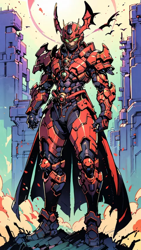 A man wearing a full-face helmet, a fantasy-style biotech armored combat suit, green eyes, (a composite layered chest armor), fully enclosed shoulder guards, matching arm and leg guards, the belt is adorned with fangs biting into orbs, (the color scheme is...