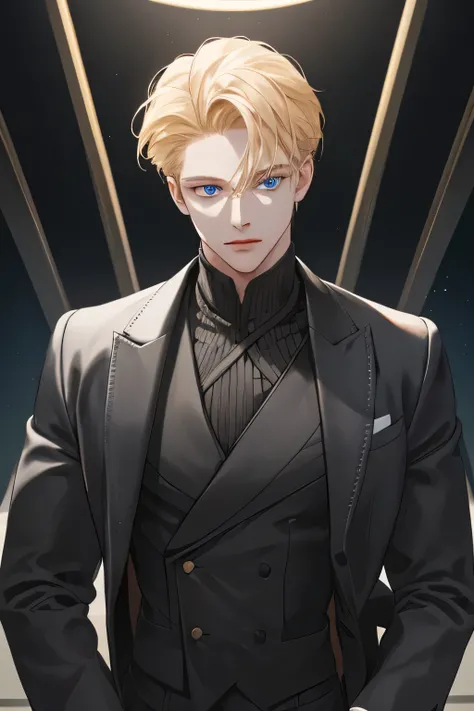 (tmasterpiece, high resolution, ultra - detailed:1.0), 1boy, Perfect male body, Eyes look at the camera, (short golden hair, forehead , white shirt, black 3-piece-suit,closed mouth, color difference, Depth of field, dramatic shadow, Ray tracing, Best quali...