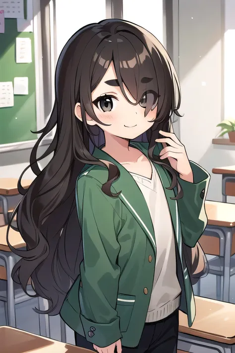 9 years old, elementary school student, young, brown hair,  hair over one eye, very long hair, wavy hair, thick eyebrows, black eyes, gentle smile,  moe sleeves, short, flat chest,green jacket