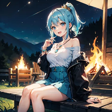 Anime Moe Art Style,highest quality,High resolution,Anatomically correct,One Girl,Mid-teens,A girl with light blue hair in a ponytail,Super detailed,Fantasy-style world,Off-the-shoulder tops,mini skirt,Big Breasts,A rich expression,Laughing with your mouth...