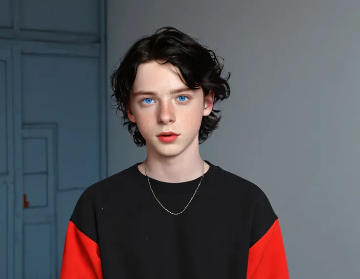 charlie spring beautiful boy with blue eyes cute innocent freckles red lips and cheeks wavy black hair is shirt red sweatshirt in the room realistic 8K resolution tumblr style ultra realistic detailed