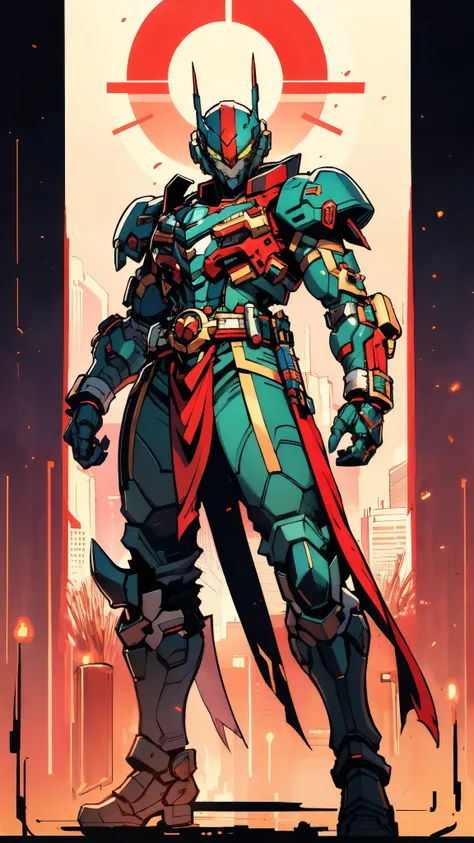 A man wearing a full-face helmet, a fantasy-style biotech armored combat suit, green eyes, (a composite layered chest armor), fully enclosed shoulder guards, matching arm and leg guards, the belt is adorned with fangs biting into orbs, (the color scheme is...