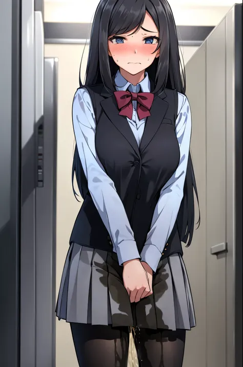 a woman with very long black hair and (very long bangs:1.5), wearing a  and skirt, blazer, pantyhose, standing. the artwork is i...