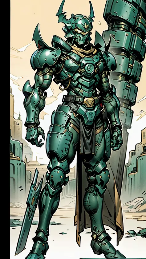 A man wearing a full-face helmet, a fantasy-style biotech armored combat suit, green eyes, (a composite layered chest armor), fully enclosed shoulder guards, matching arm and leg guards, the belt is adorned with fangs biting into orbs, (the color scheme is...