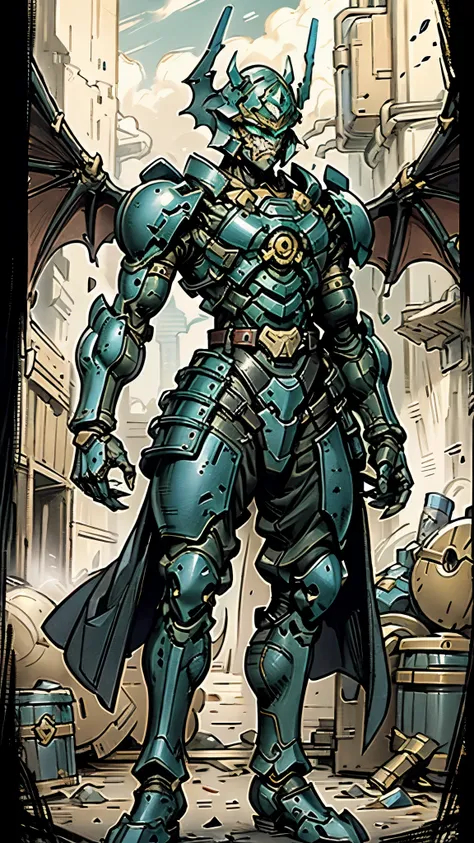 A man wearing a full-face helmet, a fantasy-style biotech armored combat suit, green eyes, (a composite layered chest armor), fully enclosed shoulder guards, matching arm and leg guards, the belt is adorned with fangs biting into orbs, (the color scheme is...