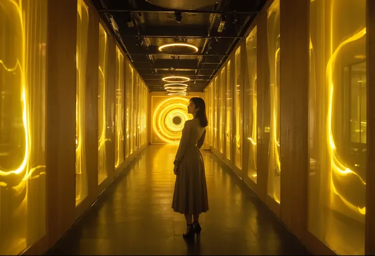 create an image that captures the moment at the end of a golden corridor where a large, cell-like luminous installation stands. ...