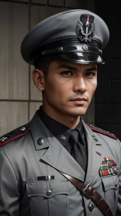 "craft a vivid narrative depicting a strikingly handsome indonesian military officer, his raven-black hair framing sharp feature...