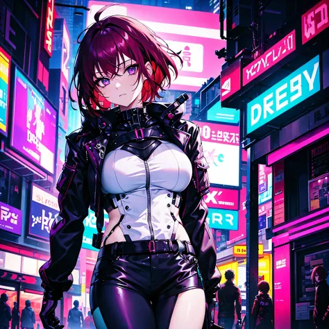 Cyberpunk, neon lights, two woman, Mature, red-haired, purple eyes, sexy. Second young woman with short red hair and gray eyes.