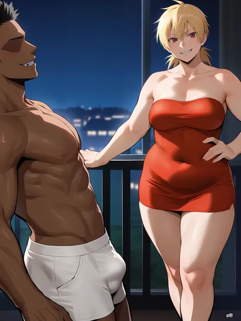 score_9, score_8_up, source_anime, standing, hellsing, seras, blonde hair, nude, indoors, night, night sky, nighttime, vampire, smirk, fangs, ikuchan, balcony, town background, clothed, male wearing shorts, muscular male, medium breasts, boyfriend, couple,...