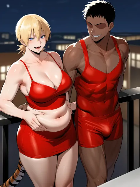 score_9, score_8_up, source_anime, standing, hellsing, seras, blonde hair, nude, indoors, night, night sky, nighttime, vampire, smirk, fangs, ikuchan, balcony, town background, clothed, male wearing shorts, muscular male, medium breasts, boyfriend, couple,...