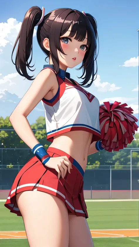 best quality, 1girl, masterpiece ultra detailed, illustration, yang guifei, glossy lips, blush, lips parted, (cheerleader), midriff, short hair, school field, twintails, standing, looking back at viewer