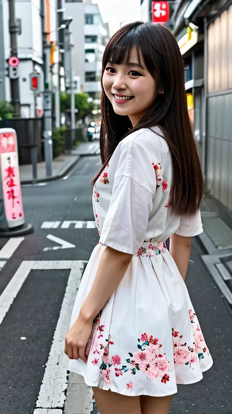 A cute Japanese girl in Tokyo street. Wearing white and pink floral dress. Smiling. Long hair bangs cut.