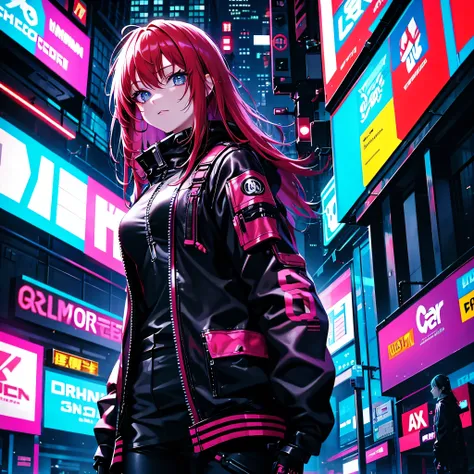 Cyberpunk, neon lights, young redhead girl with gray eyes.