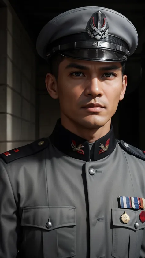 "craft a vivid narrative depicting a strikingly handsome indonesian military officer, his raven-black hair framing sharp feature...