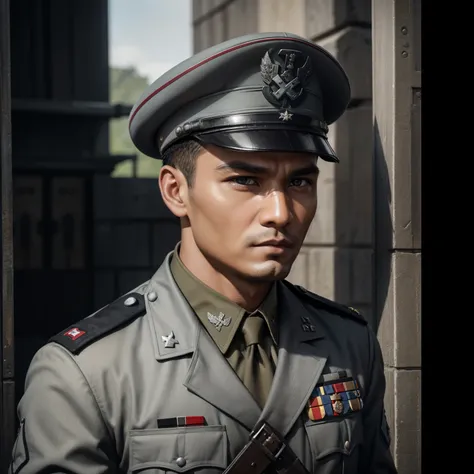 
"Craft a vivid narrative depicting a strikingly handsome Indonesian military officer, his raven-black hair framing sharp features, during World War II. He serves in the Waffen-SS, clad in a steely grey uniform with a military cap adorning his head. Despit...