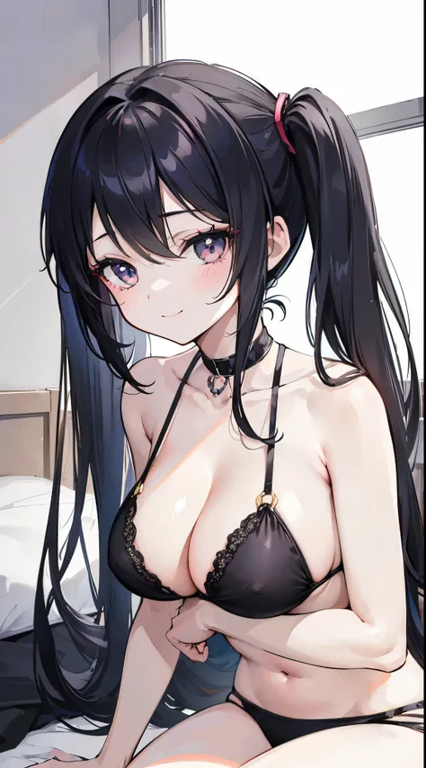 masterpiece,anime style,chibi,sexy girl,black hair,shoulder length hair with two pigtails,bikini,smiling,bigger breasts,waiting on the right side of the image,showing cleavage,full body,standing,alone,resting on the bed,