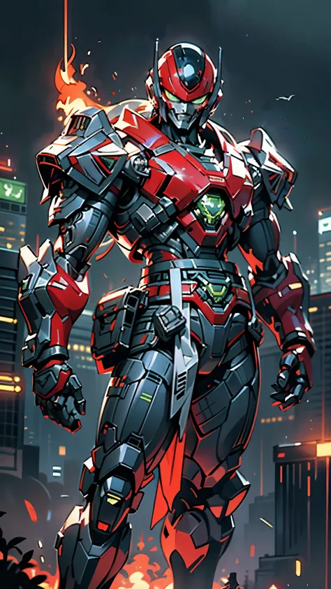 A man wearing a full-face helmet, a fantasy-style biotech armored combat suit, green eyes, (a composite layered chest armor), fully enclosed shoulder guards, matching arm and leg guards, the belt is adorned with fangs biting into orbs, (the color scheme is...